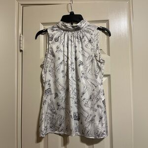 White House Black Market Illustrated Blouse with Black Tie